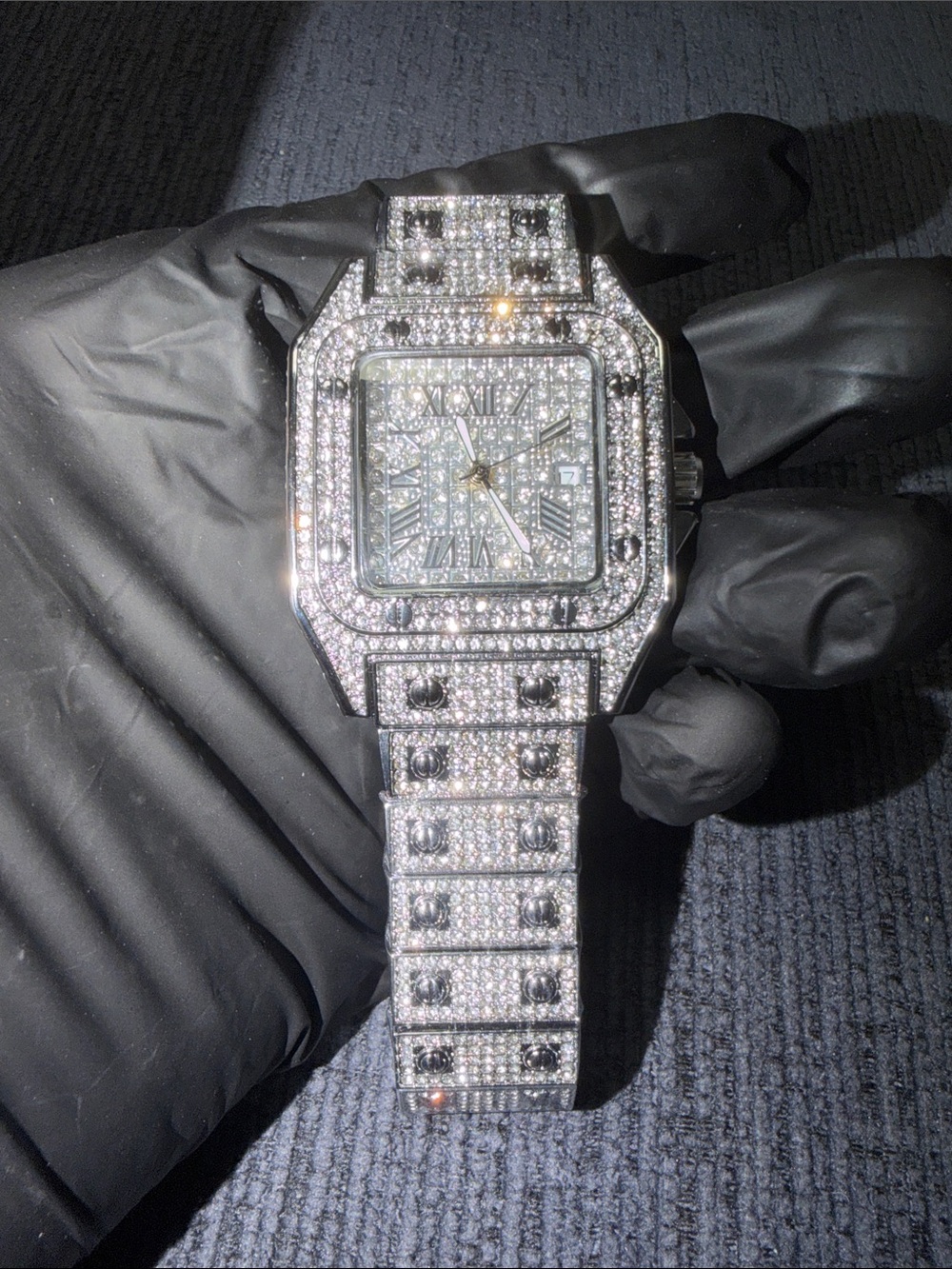 Men’s Iced Silver-Tone Bracelet Watch with Pavé Crystal Accents